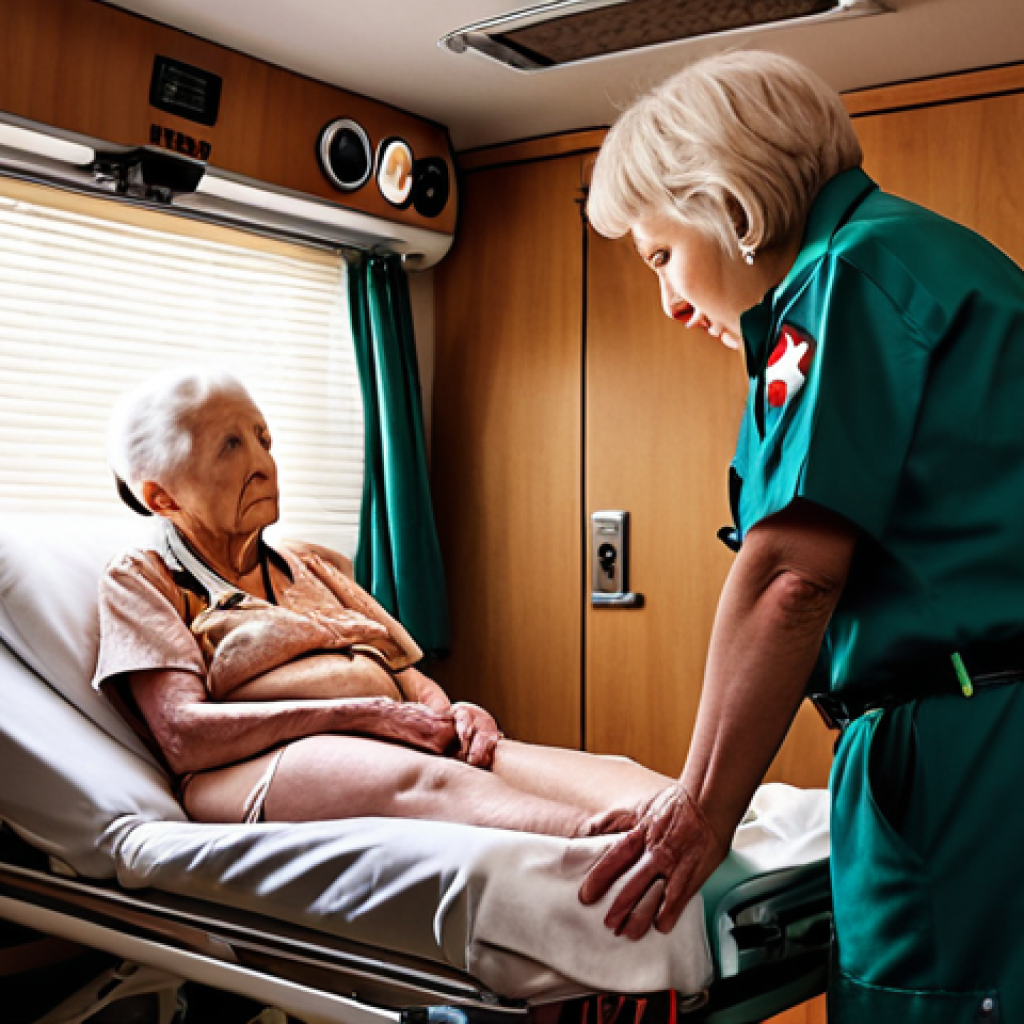 **

*   Prompt: "Inside an ambulance, paramedic attending to an elderly woman in her home. Focus on empathy and assessing her condition. Warm, concerned lighting, realistic."

**
