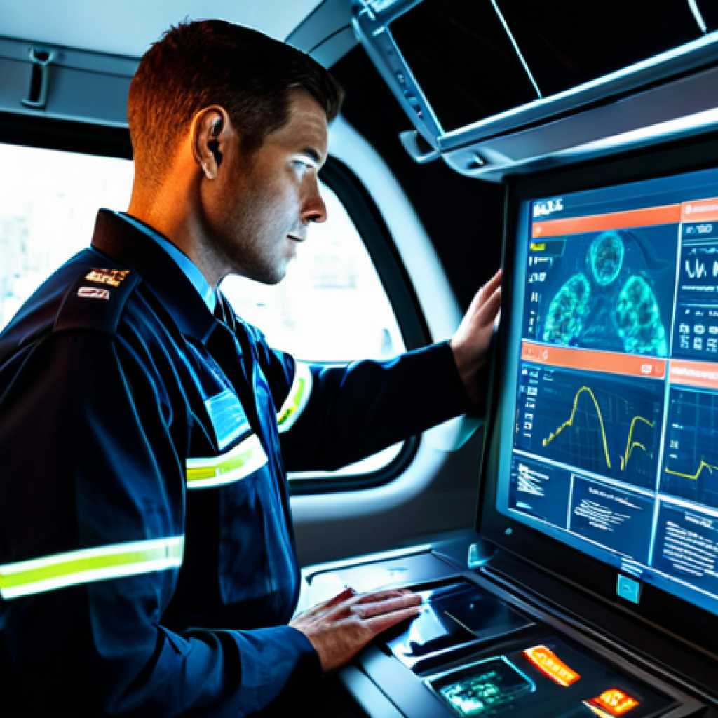 A highly skilled paramedic in a professional uniform, fully clothed, appropriate attire, stands within a sleek, modern emergency vehicle. The paramedic interacts with an advanced, transparent display showing real-time patient vital signs and AI-driven diagnostic insights. The futuristic ambulance interior features ambient lighting and sophisticated, clean medical equipment in the background. The scene emphasizes technological assistance for rapid, precise emergency diagnosis. Professional photography, high detail, sharp focus, vibrant colors, clean aesthetic. safe for work, appropriate content, fully clothed, professional, perfect anatomy, correct proportions, natural pose, well-formed hands, proper finger count, natural body proportions.