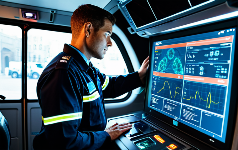 A highly skilled paramedic in a professional uniform, fully clothed, appropriate attire, stands within a sleek, modern emergency vehicle. The paramedic interacts with an advanced, transparent display showing real-time patient vital signs and AI-driven diagnostic insights. The futuristic ambulance interior features ambient lighting and sophisticated, clean medical equipment in the background. The scene emphasizes technological assistance for rapid, precise emergency diagnosis. Professional photography, high detail, sharp focus, vibrant colors, clean aesthetic. safe for work, appropriate content, fully clothed, professional, perfect anatomy, correct proportions, natural pose, well-formed hands, proper finger count, natural body proportions.