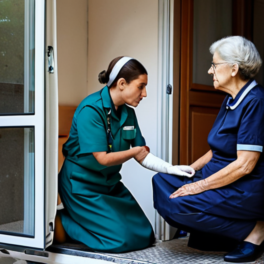 **

A safe for work, family-friendly image of a fully clothed, professional ambulance worker in France assisting an elderly woman at her home. The paramedic is kneeling, wearing a standard uniform, and attentively listening to the woman. The woman is wearing a modest dress and appears slightly distressed. The background shows a typical French home interior. Perfect anatomy, correct proportions, natural pose, high quality. Appropriate content.

**