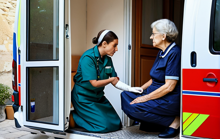 **

A safe for work, family-friendly image of a fully clothed, professional ambulance worker in France assisting an elderly woman at her home. The paramedic is kneeling, wearing a standard uniform, and attentively listening to the woman. The woman is wearing a modest dress and appears slightly distressed. The background shows a typical French home interior. Perfect anatomy, correct proportions, natural pose, high quality. Appropriate content.

**
