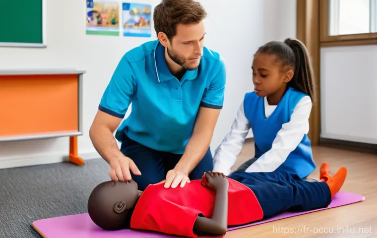 응급구조사와 학교 응급처치 교육 - **Prompt:** A compassionate scene featuring two French paramedics, a man and a woman, both in full, ...