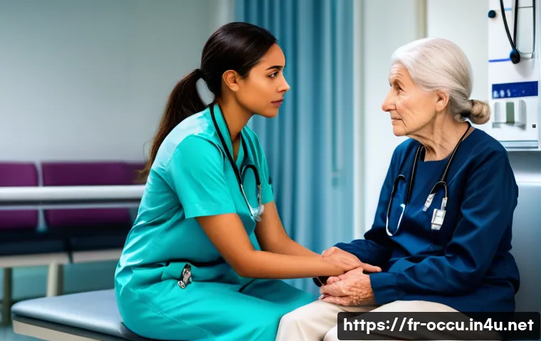 응급구조사와 환자 가족 소통 - **Prompt:** A compassionate female paramedic, wearing a clean, professional uniform, kneels gently b...