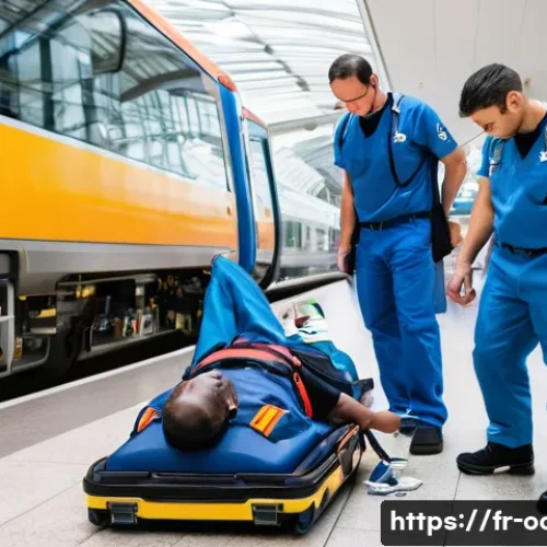 Home 33 응급구조사와 병원 내 심정지 대처 - **Prompt:** A bustling modern European train station concourse. In the foreground, a diverse group o...