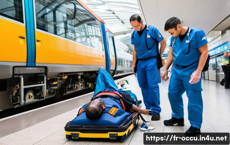 응급구조사와 병원 내 심정지 대처 - **Prompt:** A bustling modern European train station concourse. In the foreground, a diverse group o...