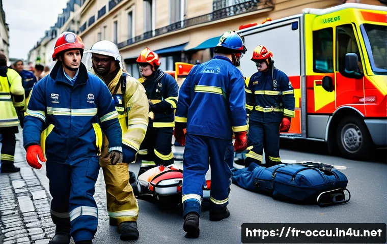 응급구조사와 응급전문팀 구성 - **Prompt:** A dynamic and realistic scene depicting multiple French emergency service professionals ...