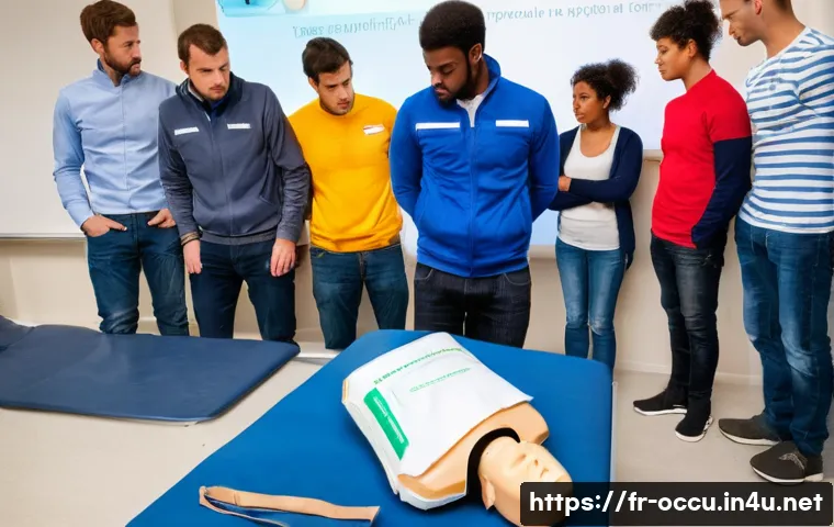 응급구조사 교육 세미나 후기 - **Prompt 1: Community First Aid Training in France**
    "A group of diverse adults and young adults...