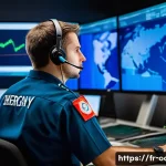 Home 23 응급구조사와 응급실 협력 사례 - A focused emergency call operator, wearing a standard French emergency services uniform, sits calmly...