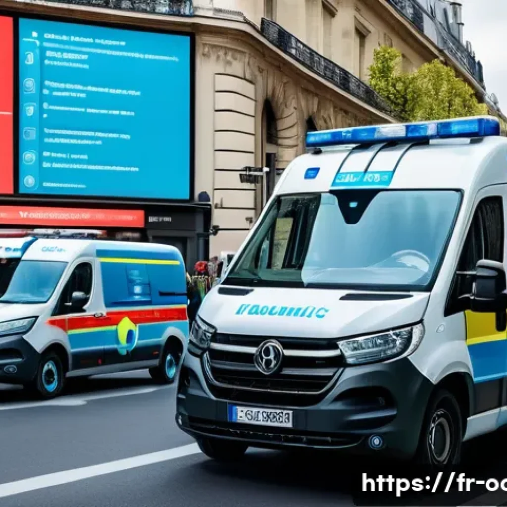 응급구조사와 AI 기술 - A futuristic emergency medical team using predictive AI technology in a busy Paris street setting, a...
