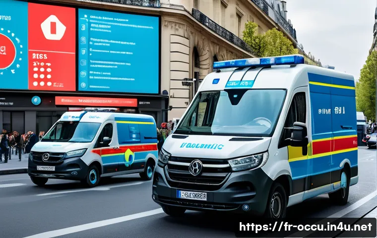 응급구조사와 AI 기술 - A futuristic emergency medical team using predictive AI technology in a busy Paris street setting, a...