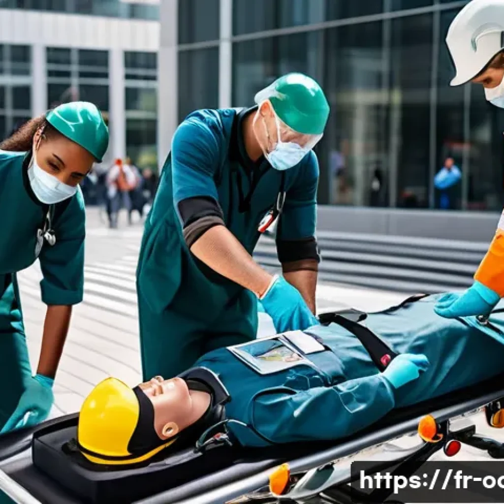 응급구조사 경력개발 - A professional emergency medical technician in modern urban outdoor setting, wearing professional pa...