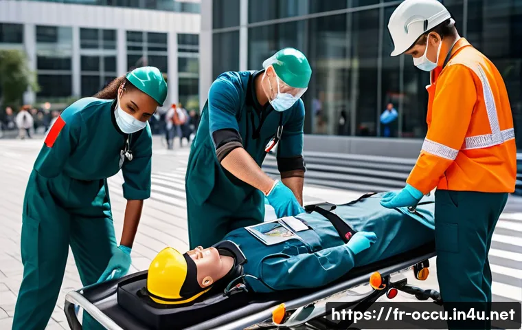 응급구조사 경력개발 - A professional emergency medical technician in modern urban outdoor setting, wearing professional pa...