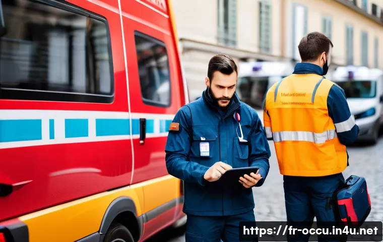 응급구조사와 사망률 감소 연구 - A modern emergency medical technician (EMT) team in France wearing professional uniforms and carryin...