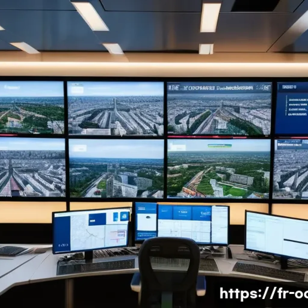 응급구조사 출동 시스템 자동화 - A high-tech emergency response control center in Paris, France, showing a large digital map with rea...