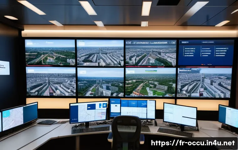 응급구조사 출동 시스템 자동화 - A high-tech emergency response control center in Paris, France, showing a large digital map with rea...