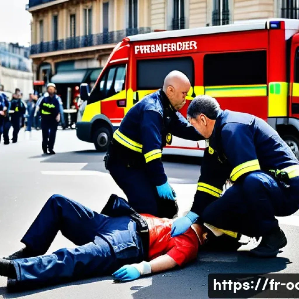 응급구조사와 응급콜센터 - A dynamic emergency scene in a bustling French urban street during daytime, showing first responders...