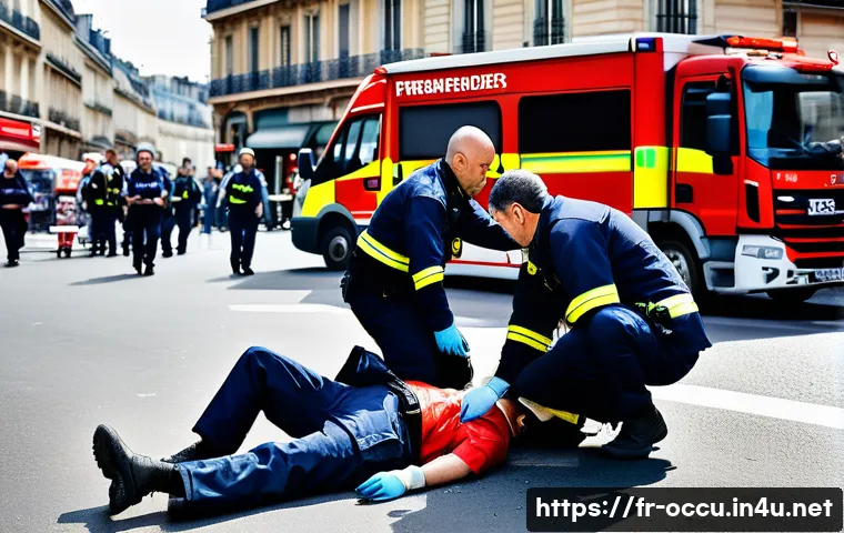 응급구조사와 응급콜센터 - A dynamic emergency scene in a bustling French urban street during daytime, showing first responders...