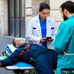 응급구조사와 개인정보보호법 - A detailed scene of emergency medical responders working swiftly in a busy Parisian urban environmen...
