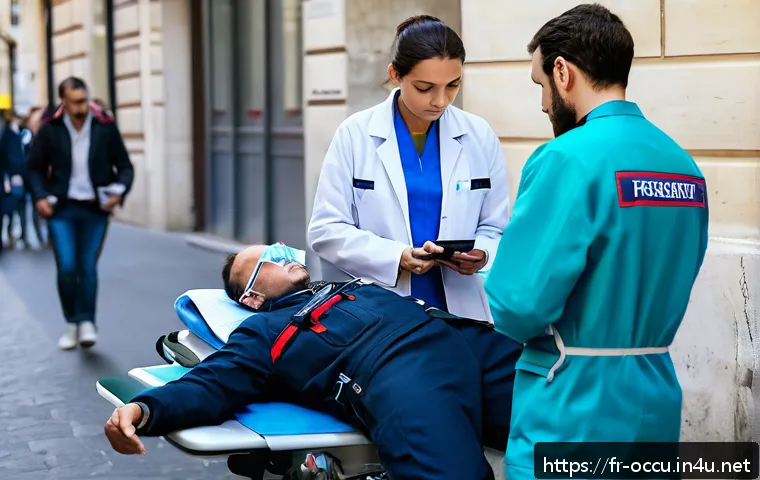 응급구조사와 개인정보보호법 - A detailed scene of emergency medical responders working swiftly in a busy Parisian urban environmen...