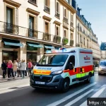 응급구조사 근무 지역별 특징 - A detailed urban emergency scene in a bustling French city center during daytime: an ambulance skill...