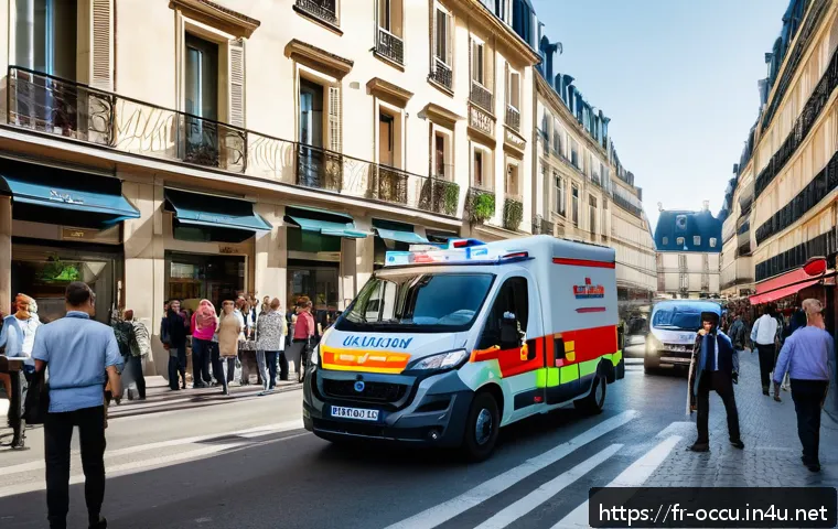 응급구조사 근무 지역별 특징 - A detailed urban emergency scene in a bustling French city center during daytime: an ambulance skill...