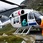 응급구조사와 항공 의료팀 - A detailed scene of a French medical air rescue helicopter landing in a rugged mountainous area duri...