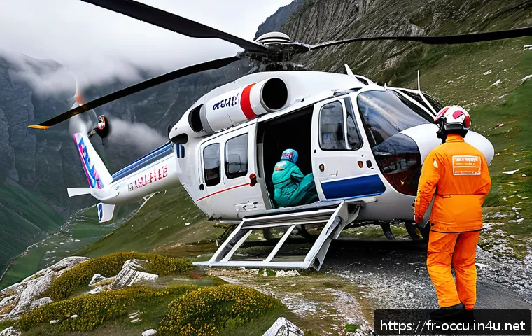 응급구조사와 항공 의료팀 - A detailed scene of a French medical air rescue helicopter landing in a rugged mountainous area duri...