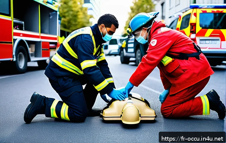 응급구조사 국가 자격증 필요성 - A highly detailed scene of a professional French paramedic performing CPR on a patient at an acciden...