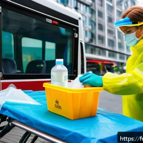 응급구조사와 감염 관리 - A professional emergency medical responder wearing a surgical mask (FFP2) and disposable gloves, per...