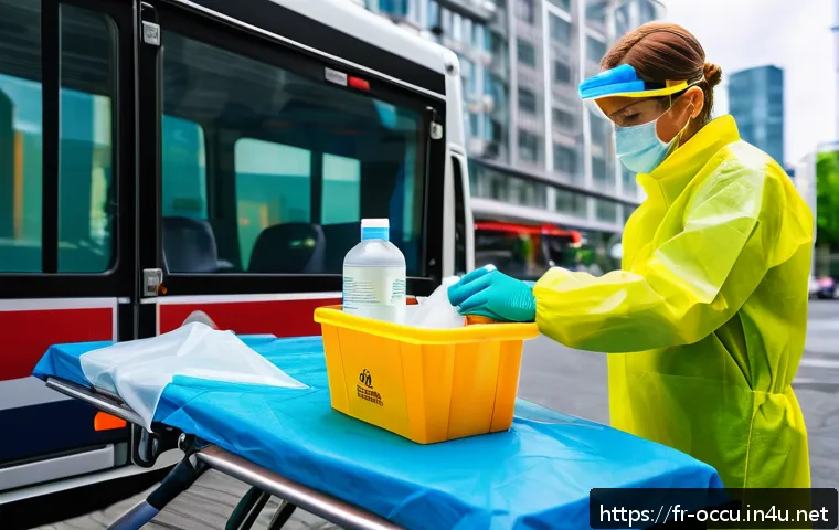 응급구조사와 감염 관리 - A professional emergency medical responder wearing a surgical mask (FFP2) and disposable gloves, per...