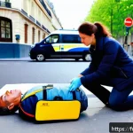 응급구조사 업무 노하우 - A calm urban street scene in France showing a young adult woman performing CPR on a middle-aged man ...