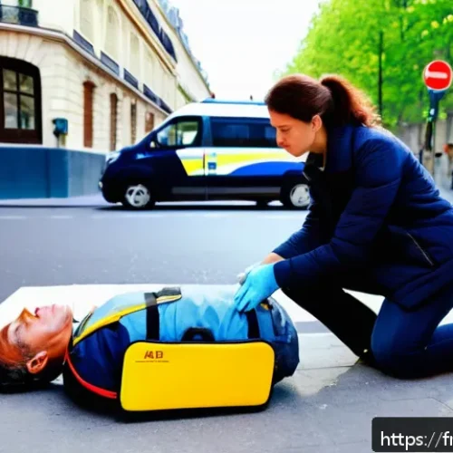 응급구조사 업무 노하우 - A calm urban street scene in France showing a young adult woman performing CPR on a middle-aged man ...
