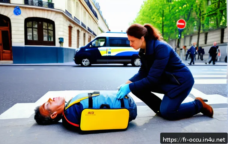 응급구조사 업무 노하우 - A calm urban street scene in France showing a young adult woman performing CPR on a middle-aged man ...