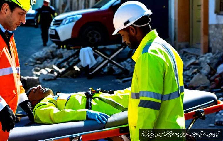 응급구조사와 국제 재난 구조 - Photorealistic international disaster rescue operation in a French Mediterranean coastal town after ...