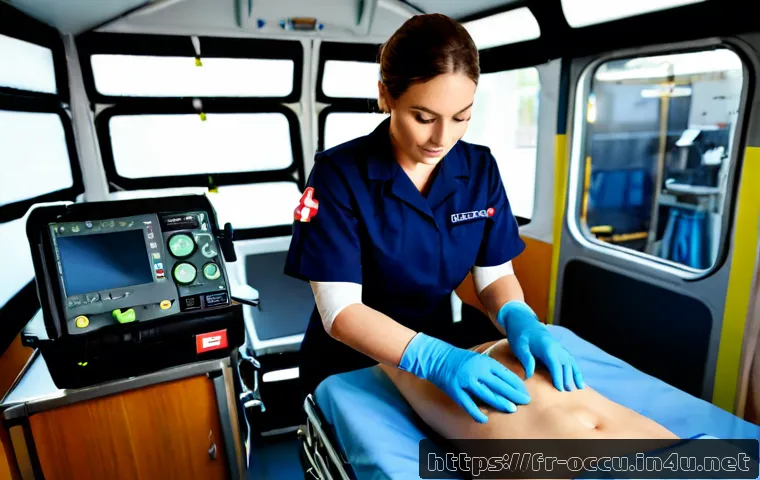 응급구조사와 전문 지식 확장법 - Photorealistic French emergency medical technician in a clean ambulance training center, wearing a n...