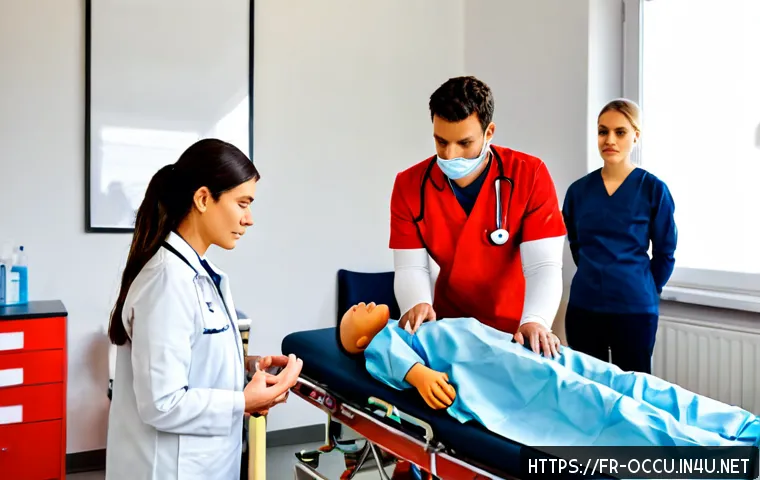Home 15 응급구조사와 응급처치 교육 - Photorealistic French emergency medical technician in a clean modern training room, calmly demonstra...
