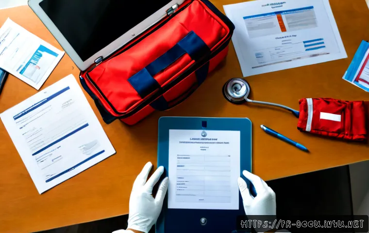응급구조사 포트폴리오 작성법 - Photorealistic overhead view of a paramedic portfolio being assembled on a neat home office desk in ...